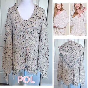 POL Cream Confetti Knit Hoodie Distressed Sweater Sz Small Oversized Coziness